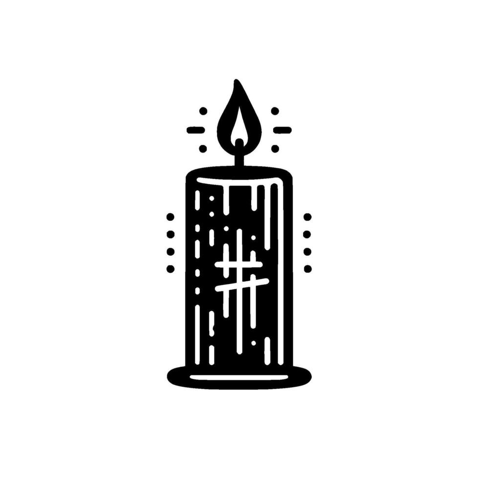 Minimalist, Black and White Illustration of a Lit Candle with Dripping Wax and a Simple, Stylized Flame on a White Background. vector