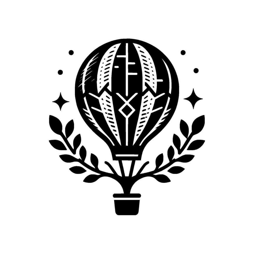 Black and White Botanical Illustration A stylized hot air balloon with a tree base, surrounded by leaves and stars, on a white background. vector