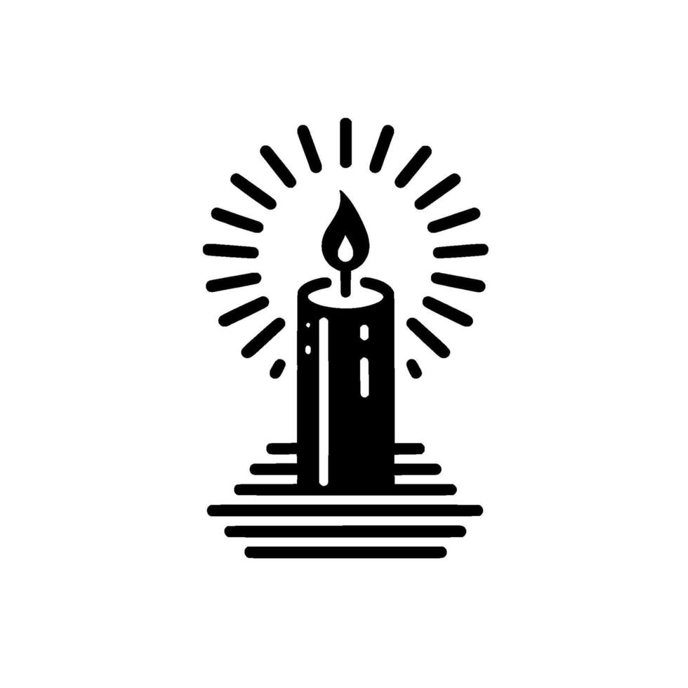 Black and White Illustration of a Lit Candle Radiating Light on a Simplified, Geometric Base. vector
