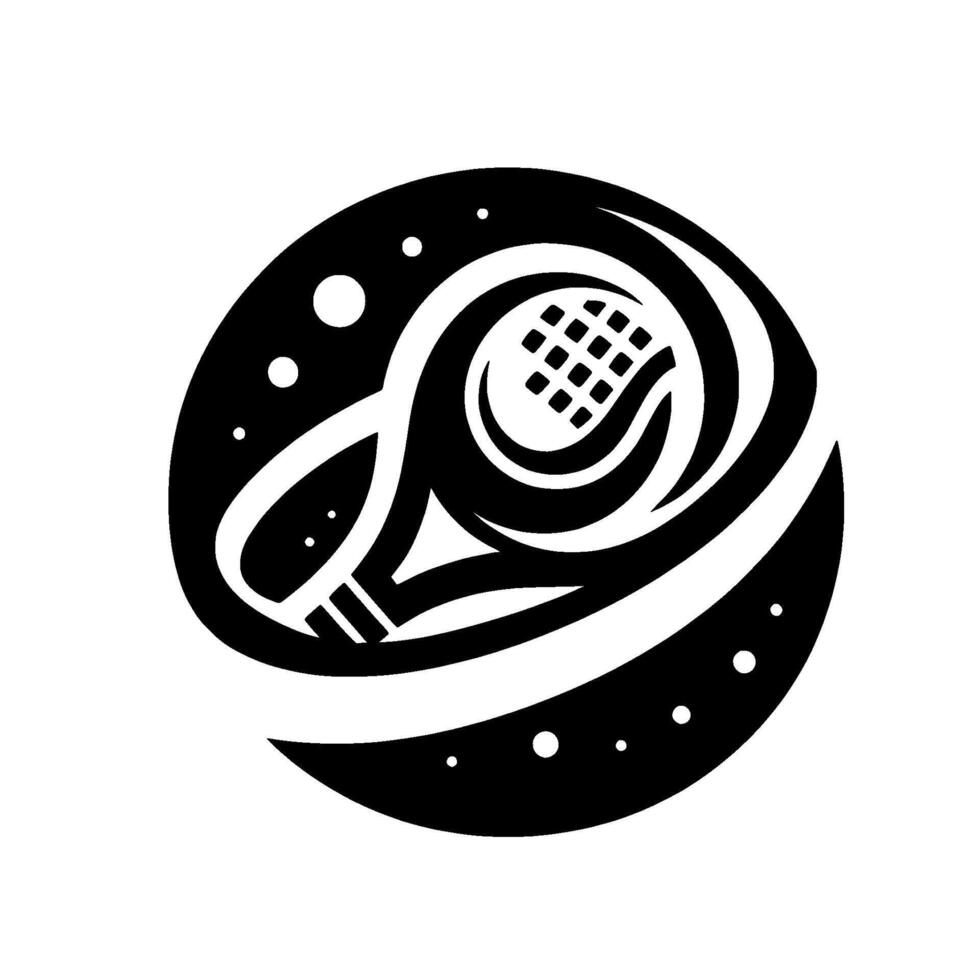 Abstract Black and White Tennis with Racket Silhouette, Dot Embellishments, and Circular Composition. vector