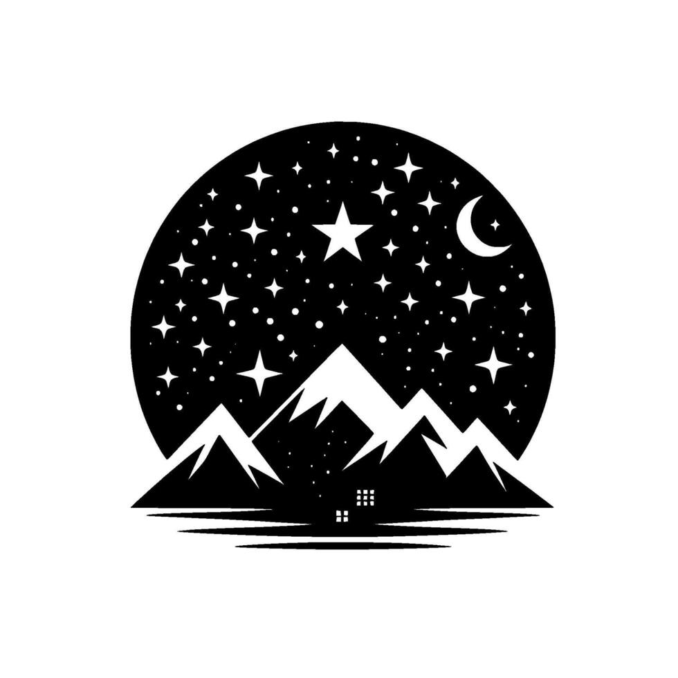 Silhouetted mountain range beneath a starry night sky, crescent moon above, and a quaint house nestled at the base, all within a circular frame. vector