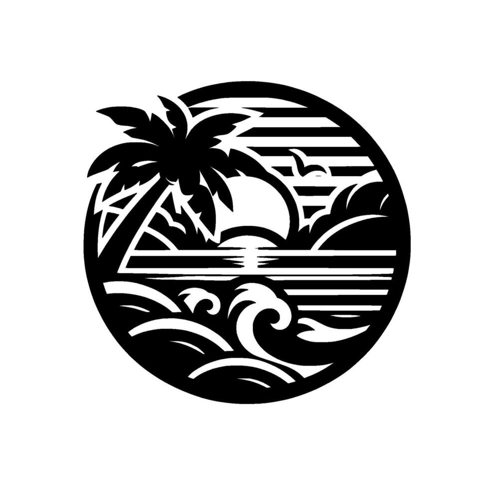 Circular Silhouette of a Tropical Paradise Palm Tree, Sunset Over the Ocean with Waves, Birds and Islands. Black White . vector