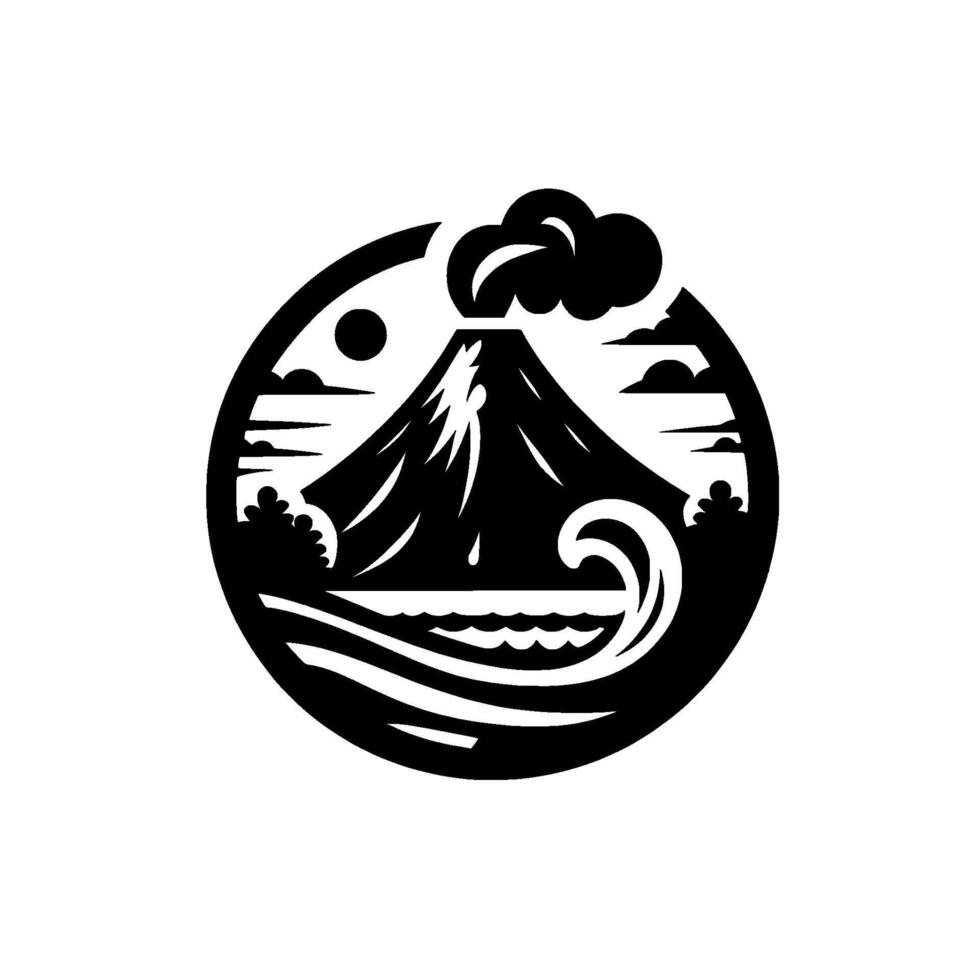 A stylized black and white illustration of a volcano erupting near the ocean, encircled by a decorative frame featuring a sun, clouds, and vegetation, conveying a sense of natural drama. vector
