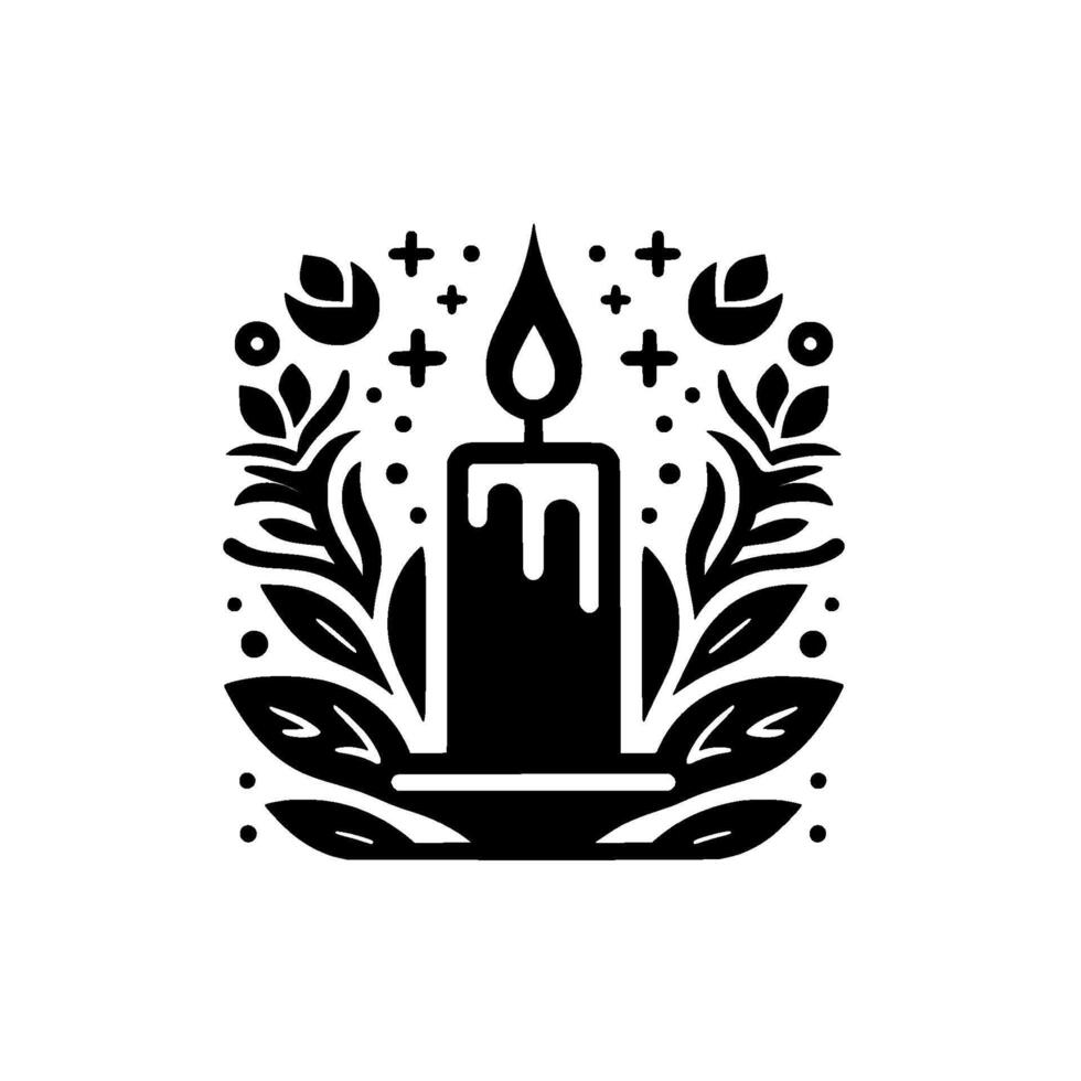 Black and white stylized candle emblem featuring a flame and surrounding foliage. vector