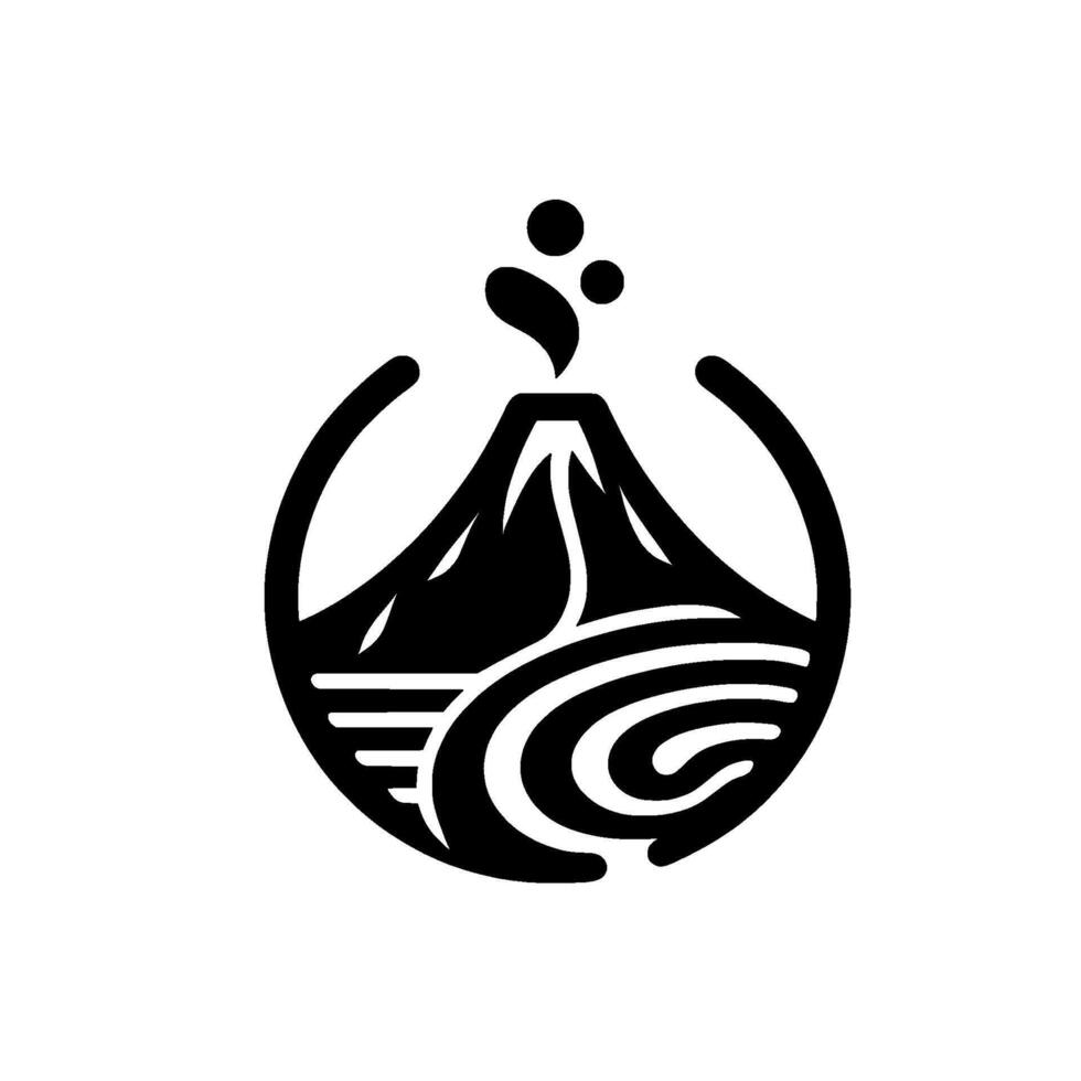 Stylized Black and White Volcanic Island , encircled by a flowing wave , emitting steam with bubbles. vector