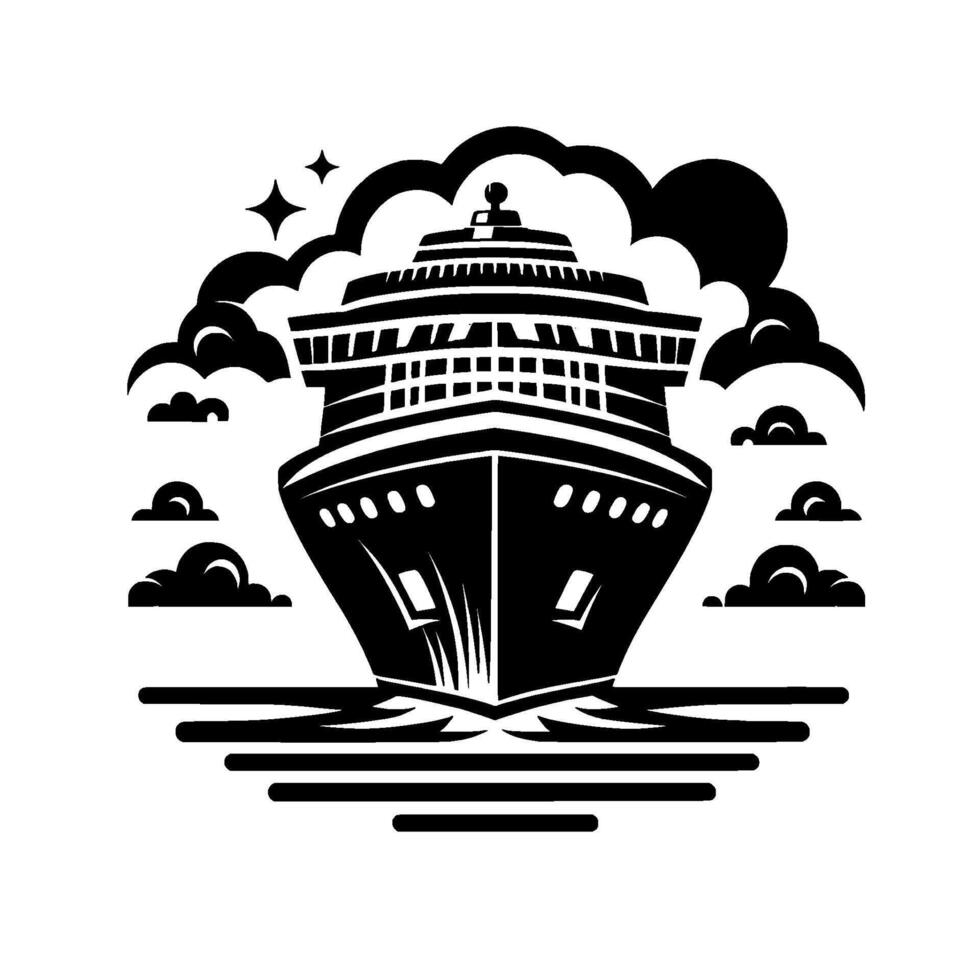 A Bold, Monochromatic Cruise Ship Sailing Through the Waters, Under a Dramatic Sky with Stylized Clouds and Stars vector