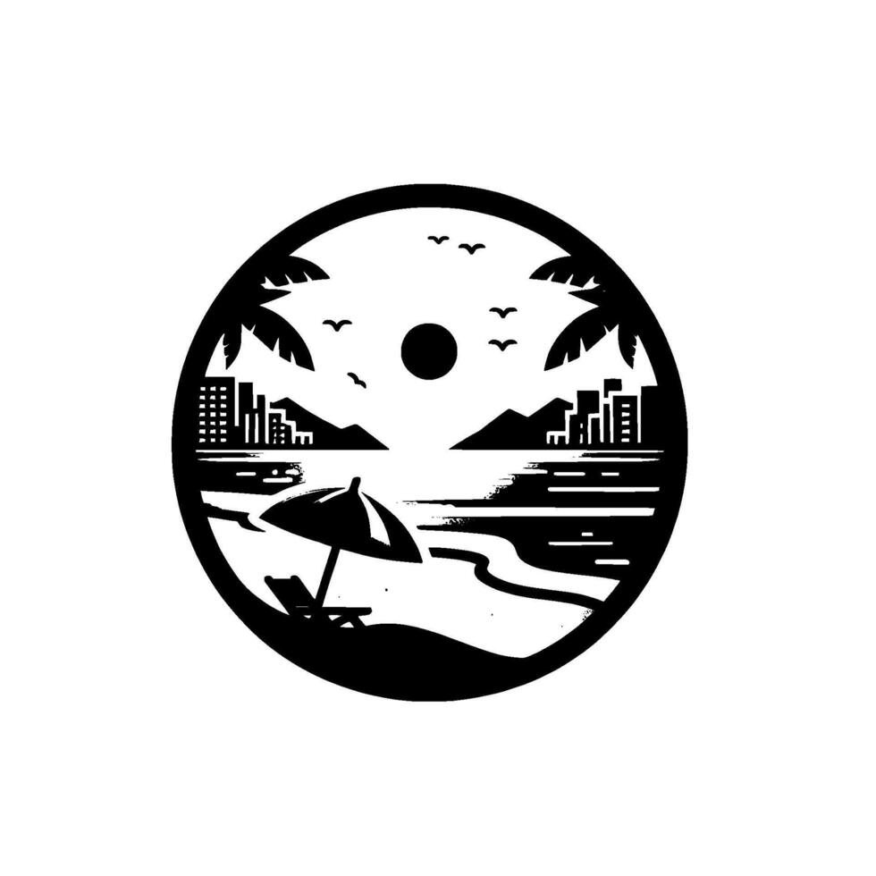 Minimalist Circular Black and White Illustration of a Beach Scene with Cityscape, Sun, and Relaxing Elements vector