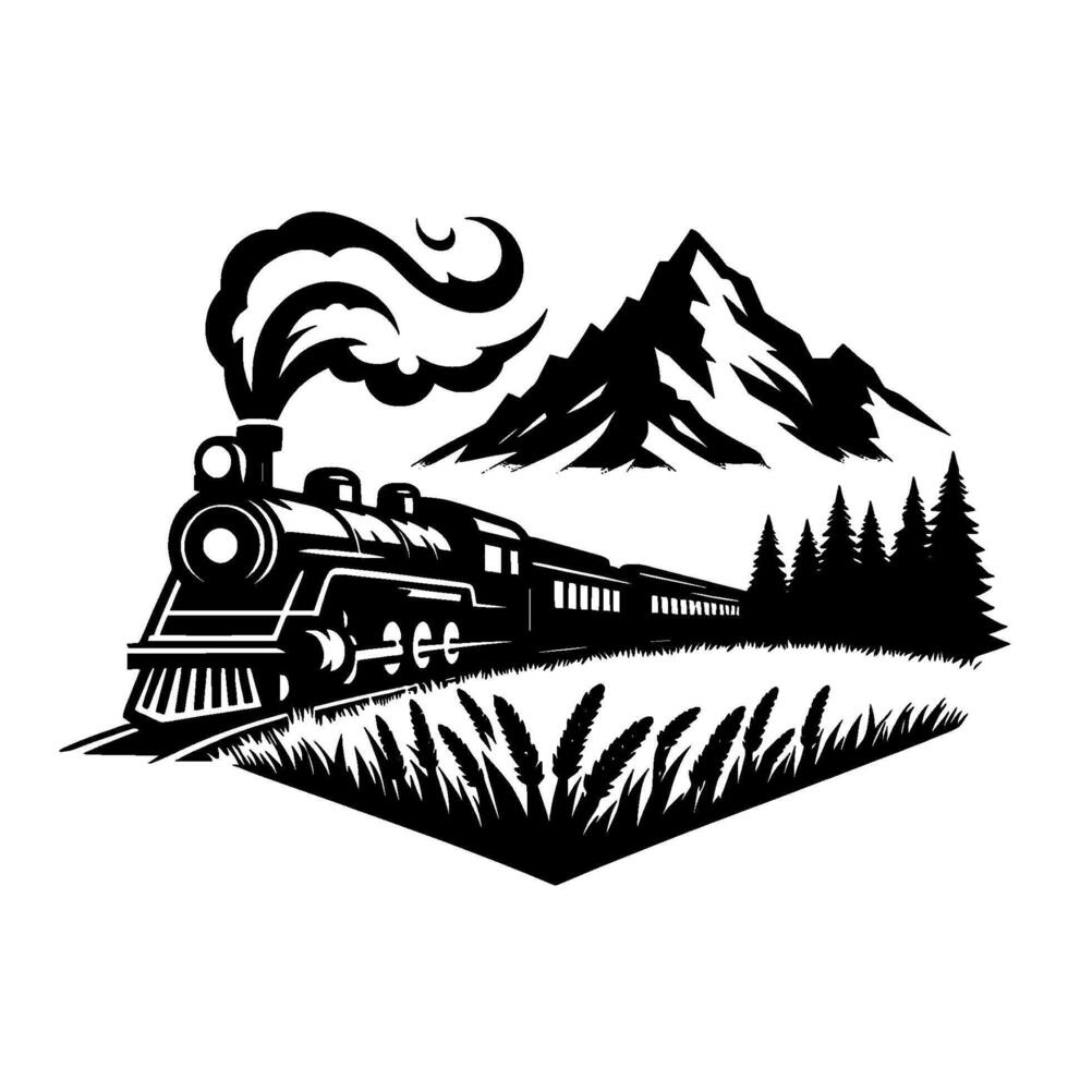 A stylized black and white illustration of a vintage steam train traversing a landscape with mountains, pines, and wheat. vector