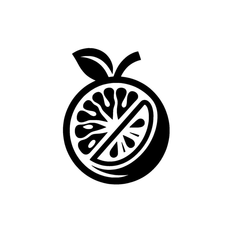 Symmetrical Black White Citrus Half Orange Slice with Leaf Stem, Modern Minimalist Style on White Background. vector