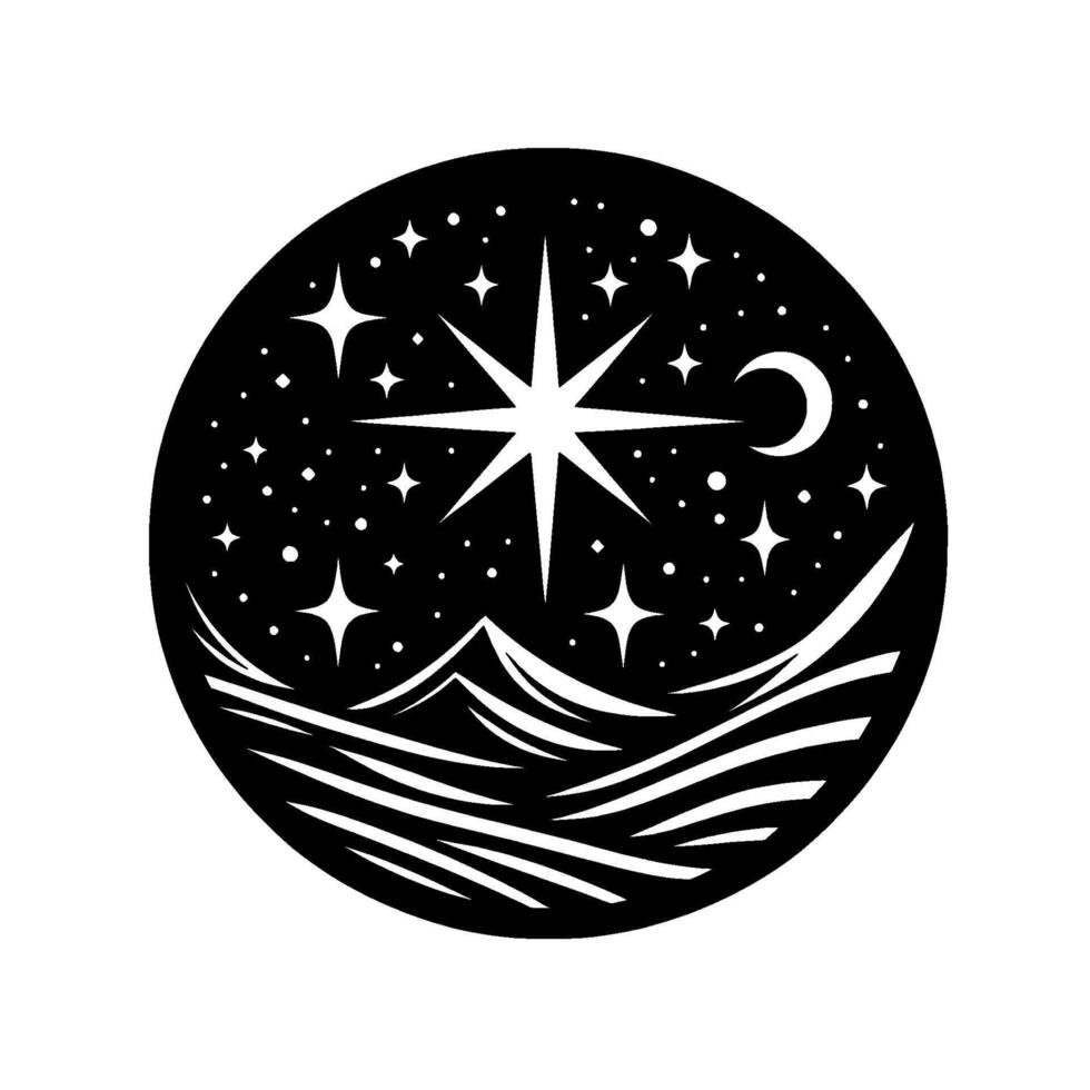 Celestial Circle A stylized black and white , featuring a radiant star, crescent moon, and starry sky above a mountain range. vector