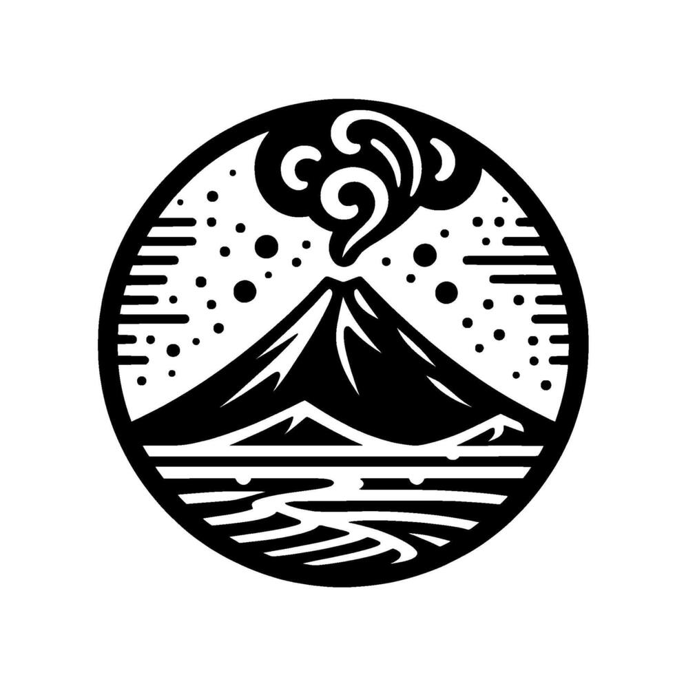 Circular Japaneseinspired Illustration Stylized Black Silhouette of a Volcano Erupting Smoke Above the Sea vector