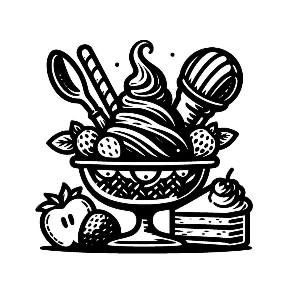 A stylized, monochrome illustration showcasing an ornate ice cream sundae in a decorative glass, surrounded by fruit and a slice of cake. vector