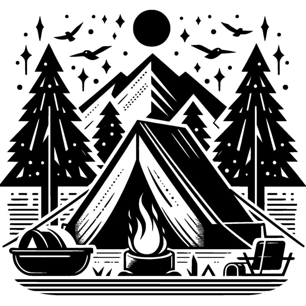 Black and white illustration of a campsite at night, featuring tent, campfire, mountain backdrop, starry sky, and pine trees. vector