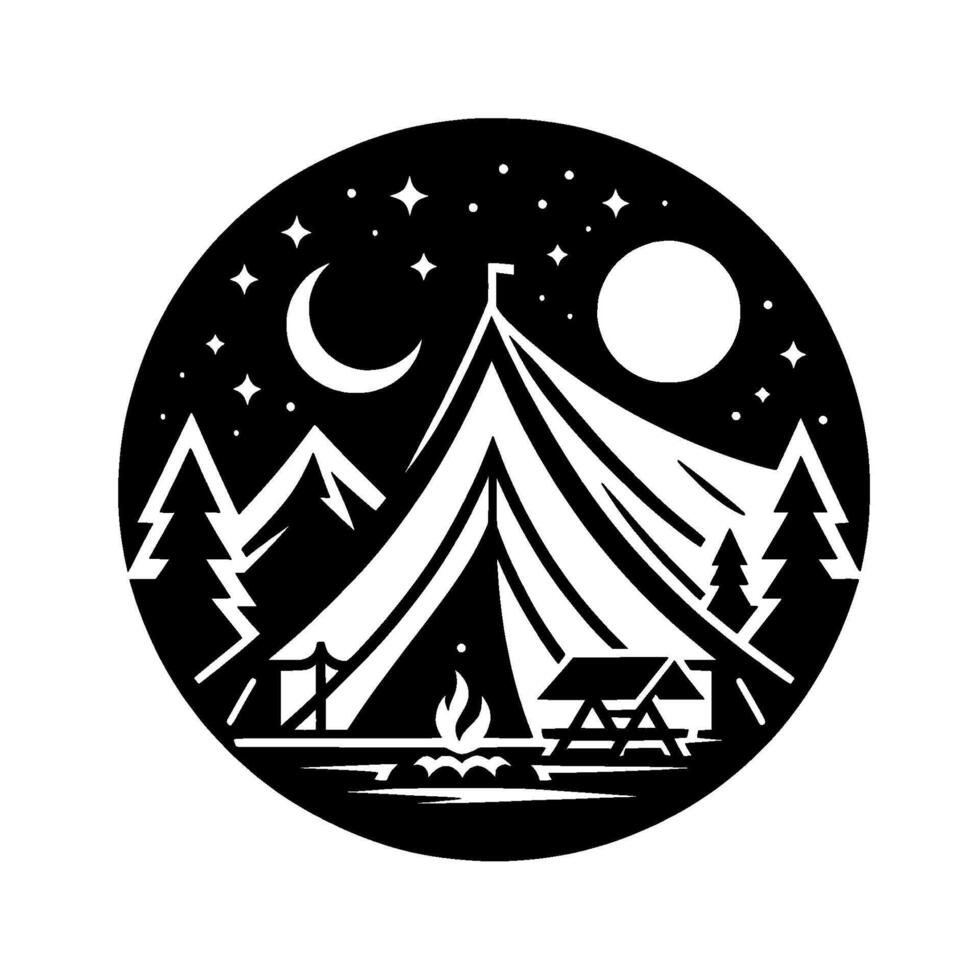 Nighttime Camping Scene in a Circular Black and White Featuring a Tent, Mountains, Trees, Moon, Stars, and a Campfire. vector