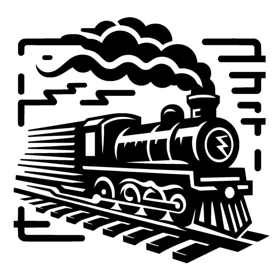 Illustration of a Classic Steam Train in Black and White with Modern Geometric Style, Smoke, and Tracks vector