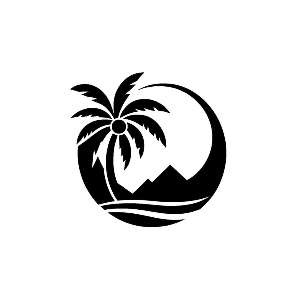 Black and White Tropical Emblem Palm Tree, Mountain Silhouette, Ocean Waves Enclosed in Circle Frame. vector