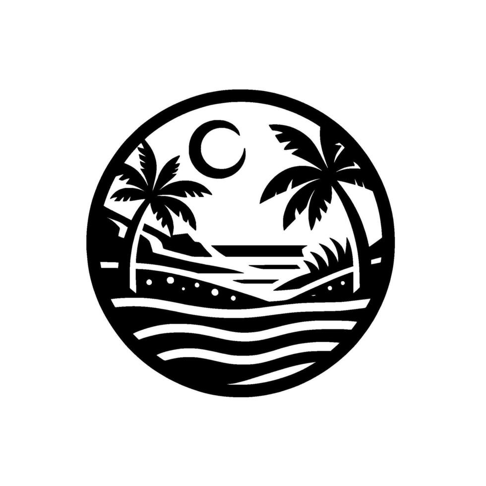 Black and White Circular Silhouette Tropical Beach Scene with Palm Trees, Moon, Sea, and Waves vector
