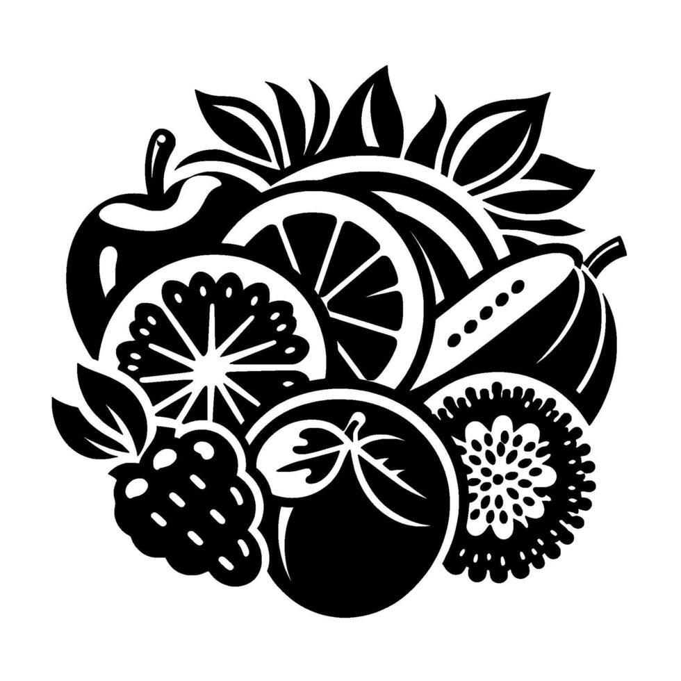 A stylized, blackandwhite illustration showcasing a vibrant assortment of fruits and leaves, arranged in a decorative circular composition. vector