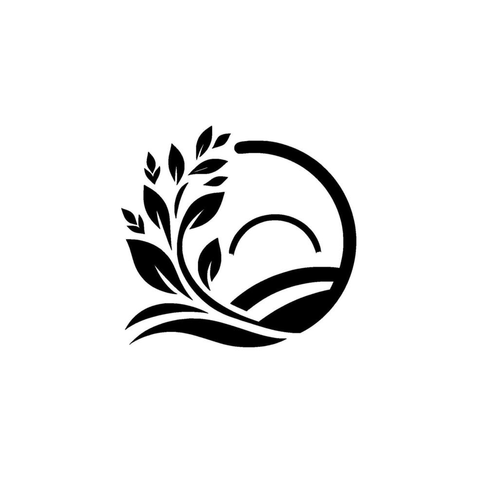 Abstract Black White Leafy Branch Emerging from Landscape Circle, Minimalism and Elegant . vector