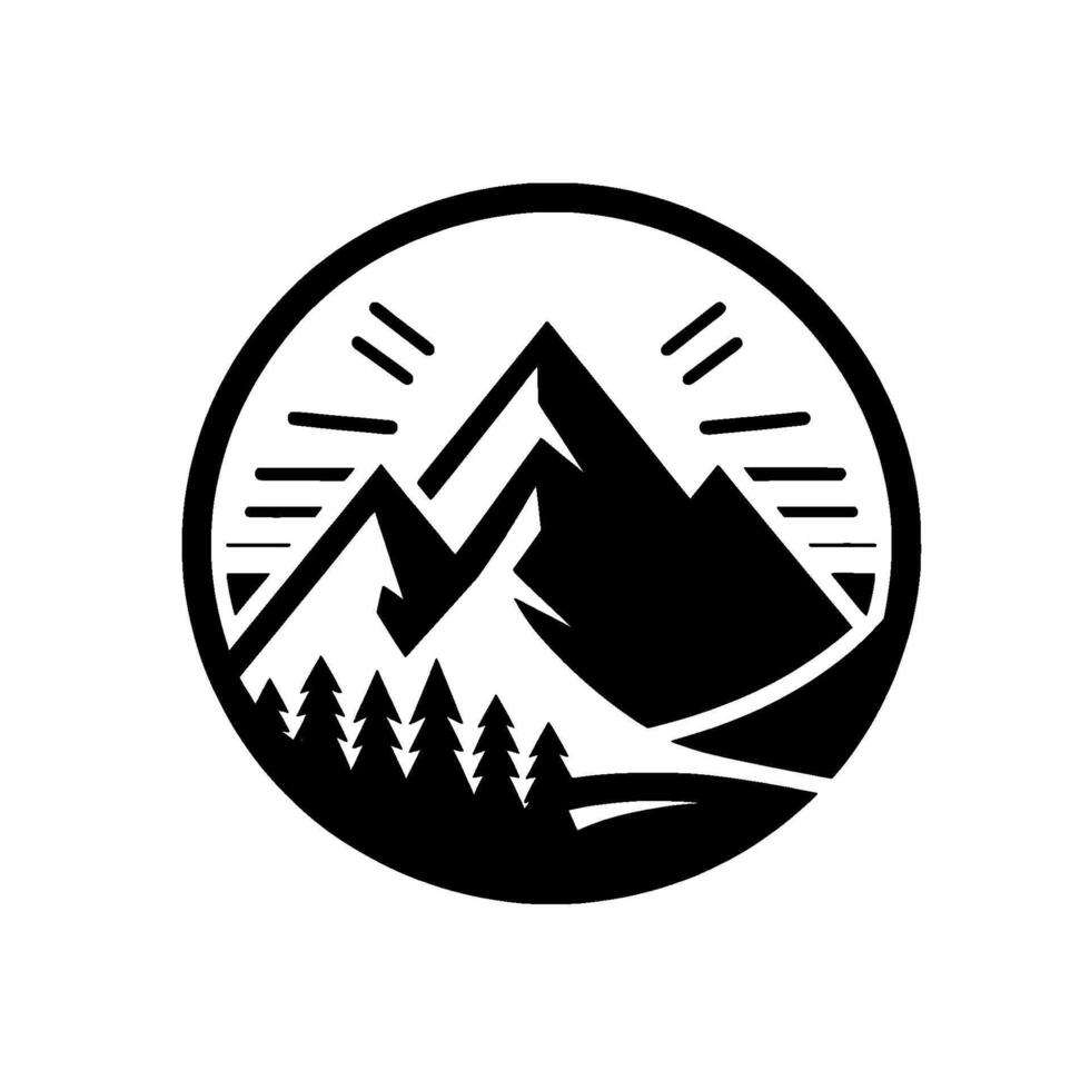 of a mountain landscape within a circle, featuring stylized peaks, trees, and sun rays in black and white. vector