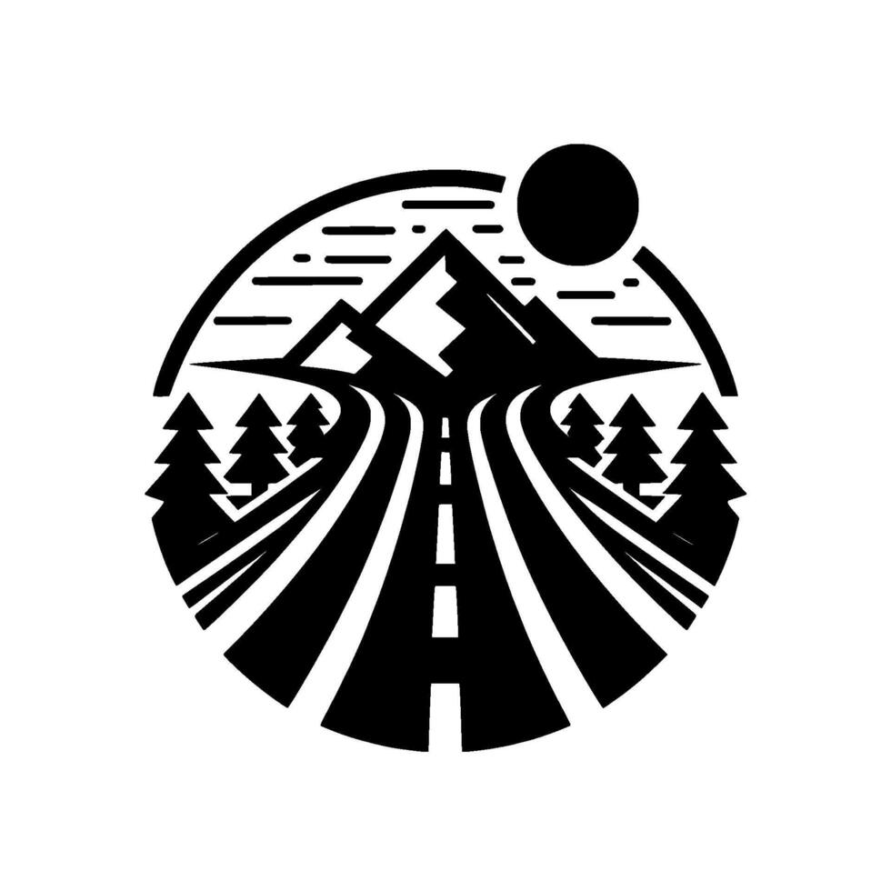 Black and white circular with mountain peaks, roads, pine trees and sun. Clean lines, minimalist , and a sense of travel. vector
