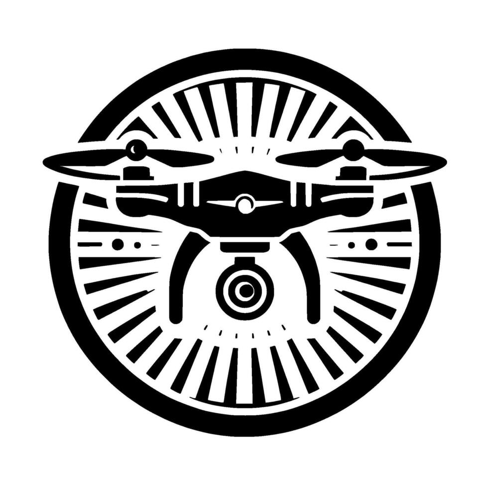 Stylized Black Drone within a Concentric Pattern Circle on White, Emphasizing Modern Technology and Geometric Aesthetics. vector