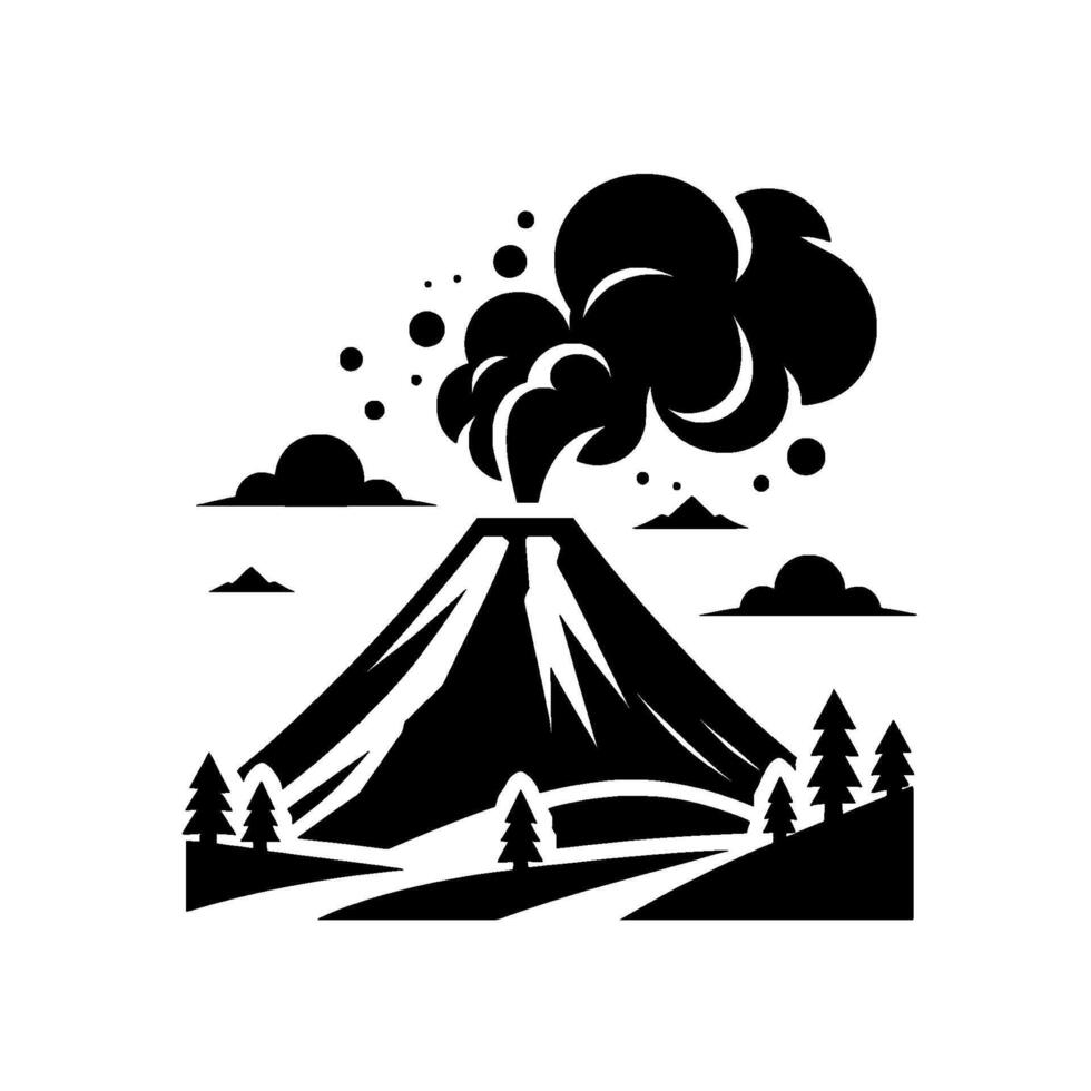 Monochrome stylized illustration Erupting volcano with a prominent smoke plume, landscape with mountains, trees, and clouds. vector