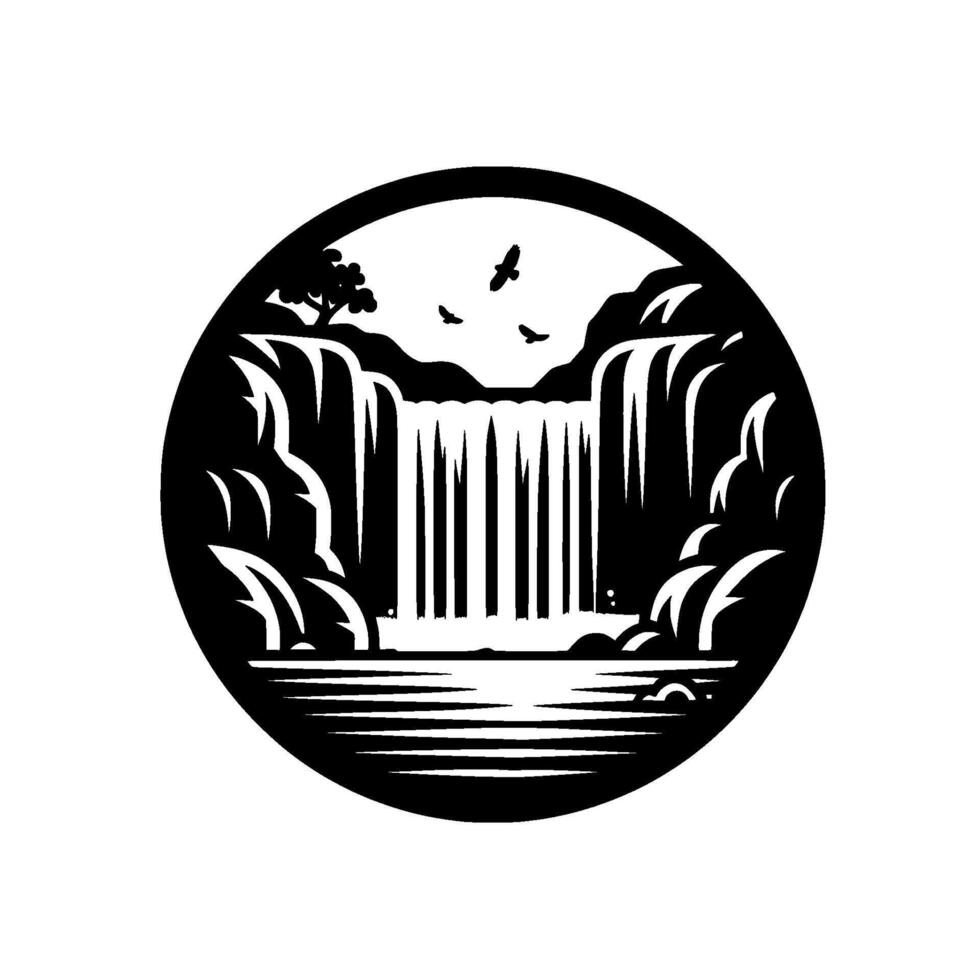 Circular Black and White Minimalist Illustration of a Waterfall, Birds, and a Tree in a Tranquil Nature Scene. vector