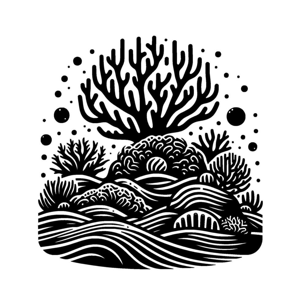 Silhouette of a Coral Reef Ecosystem Stylized Underwater Scene with Corals, Bubbles, and Waves in Black and White. vector