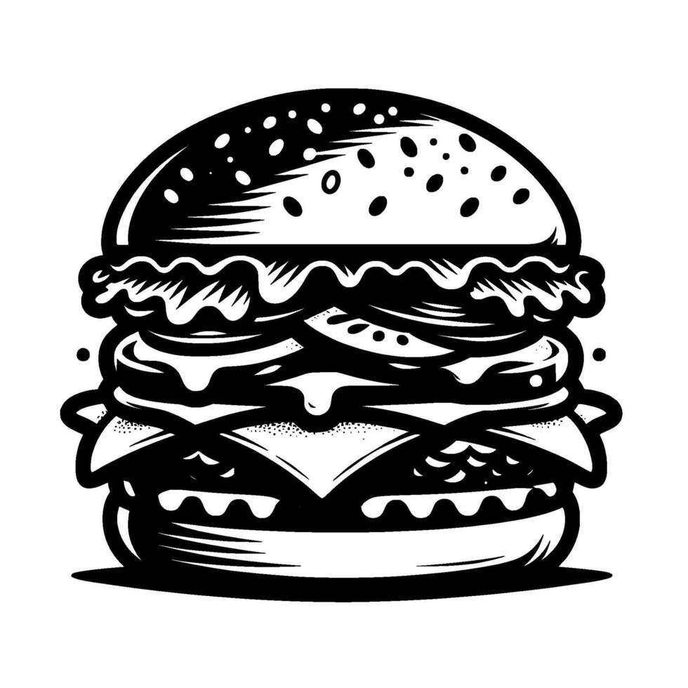 Bold Black and White Illustration of a Gourmet Burger, Showcasing Layers, Textures, and a Playful on a Clean White Background. vector