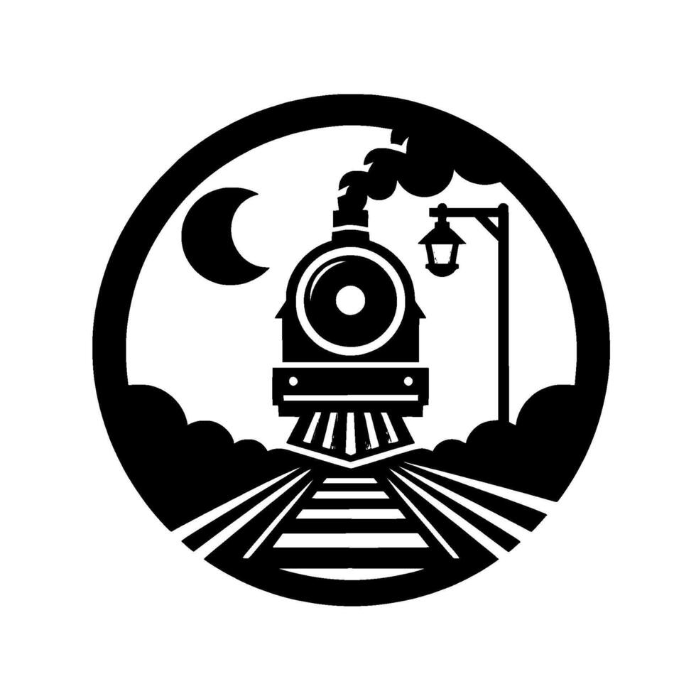 Silhouette of a vintage steam train on tracks at night, with a crescent moon, streetlamp, and circular frame, conveying nostalgia. vector