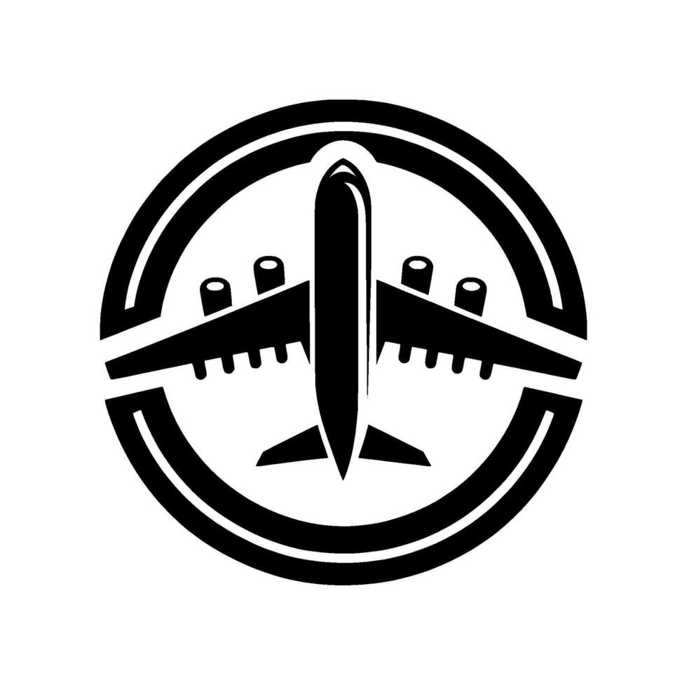 A minimalist black and white airplane silhouette encircled within a doublelined ring, evoking travel and aviation concepts. vector