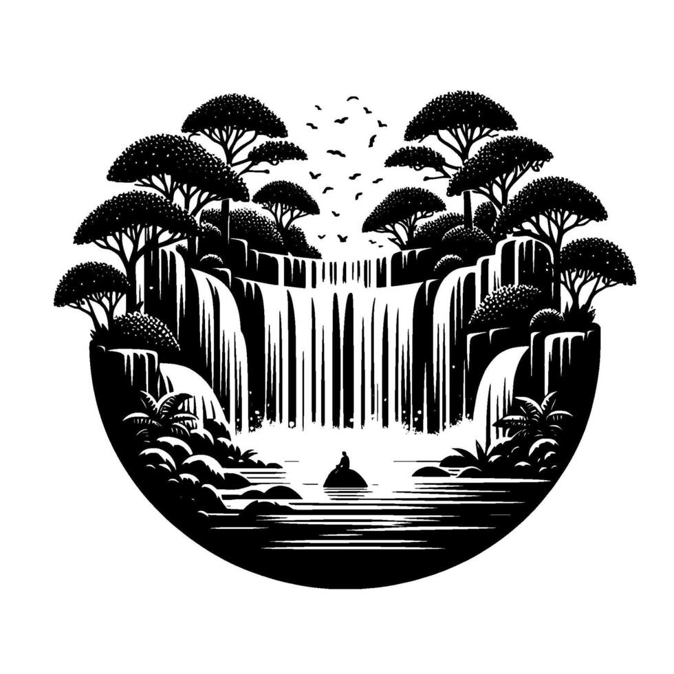 Serene Black White Illustration Waterfall, Lush Trees, Silhouette of Person on Rock, Birds in Flight, Circular Composition vector