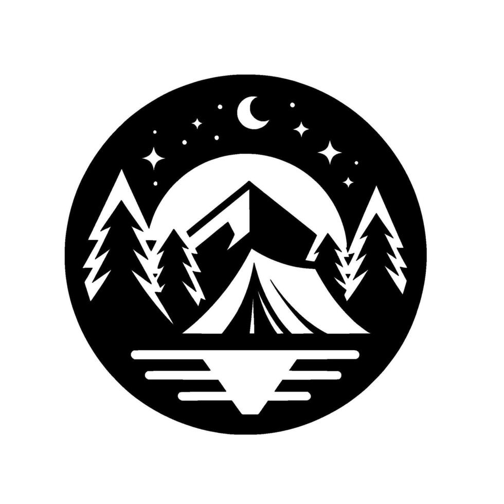 Black and white circular camping scene at night mountains, tent, trees, crescent moon, and stars, evoking adventure and tranquility. vector