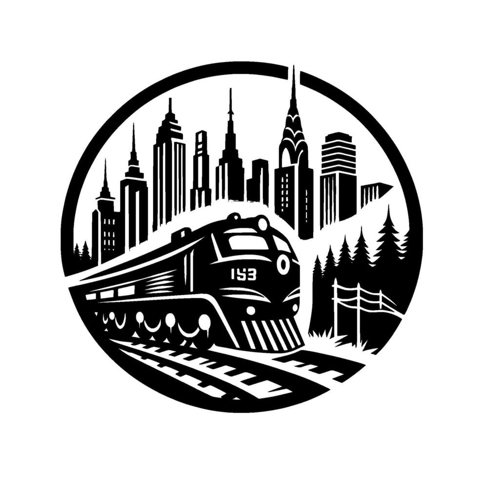 A RetroStyle Circle Illustration of a Train Passing Through a Cityscape, Featuring Iconic Skyscrapers and Forest Border. vector
