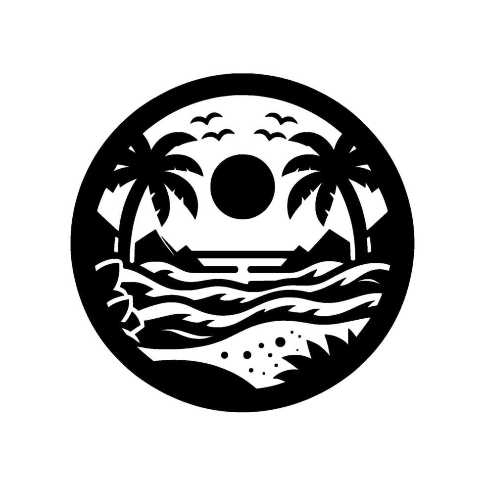 Minimalist Black and White Circle of a Tropical Beach Scene with Palm Trees, Sun, Ocean Waves, Birds, and Sand. vector