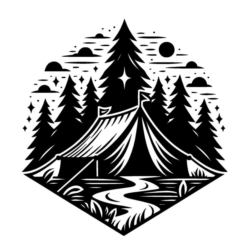 Black and white nature scene with a tent nestled between towering pine trees, a winding river, and a starry night sky, all enclosed in a hexagon. vector