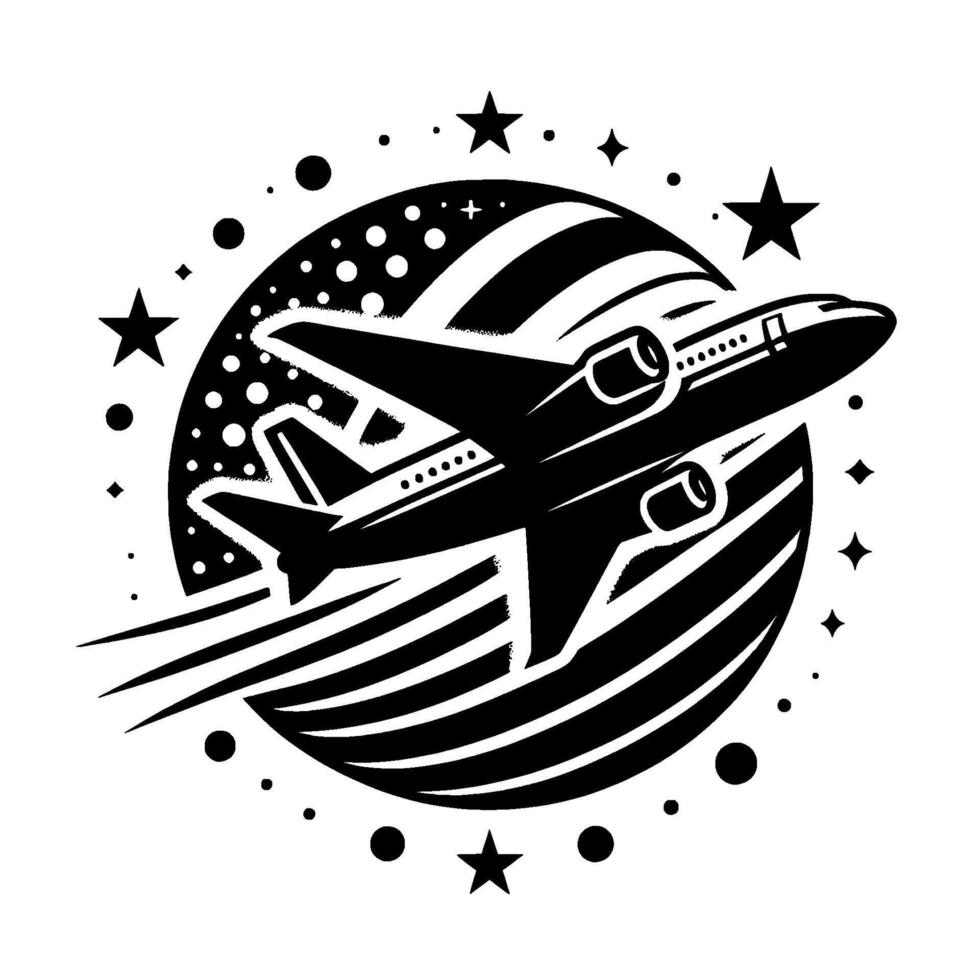 Stylized Black and White Illustration of a Jet Airplane Soaring Through a Starry Night, Inside a Globe. vector