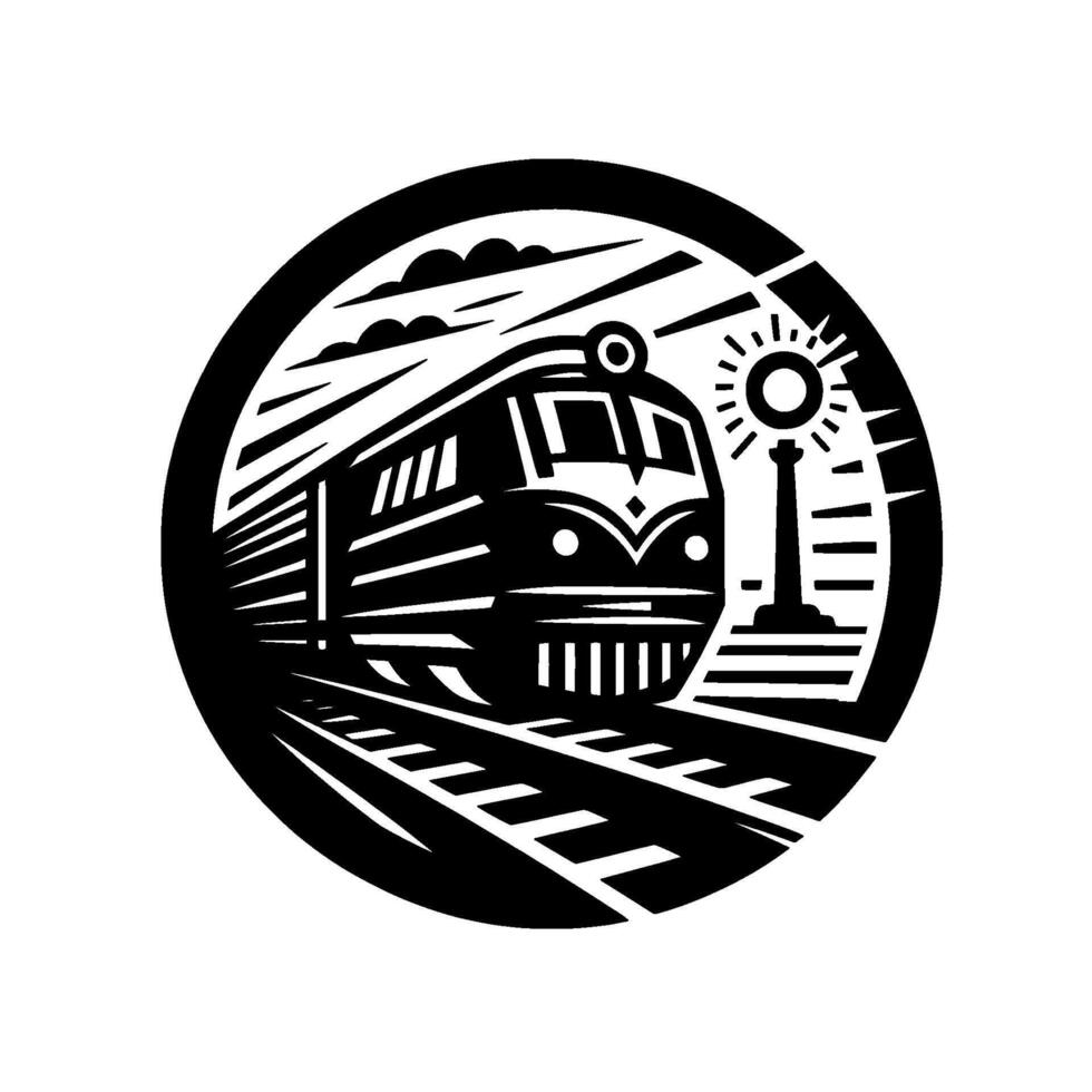 Circular Black and White Illustration of a Steam Train on Tracks with Clouds and a Streetlamp. vector