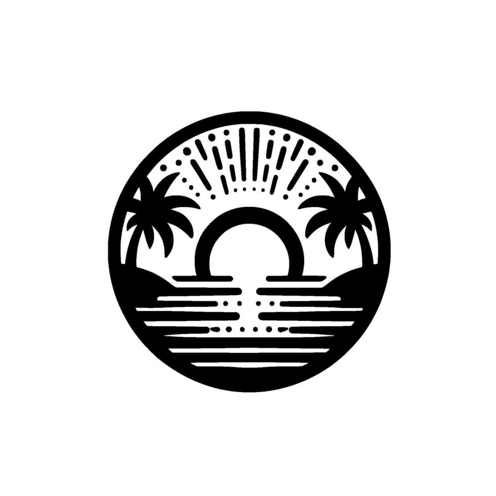 Circular Black White Beach Scene Stylized Sunset, Palm Trees, Ocean in a Minimalist . vector