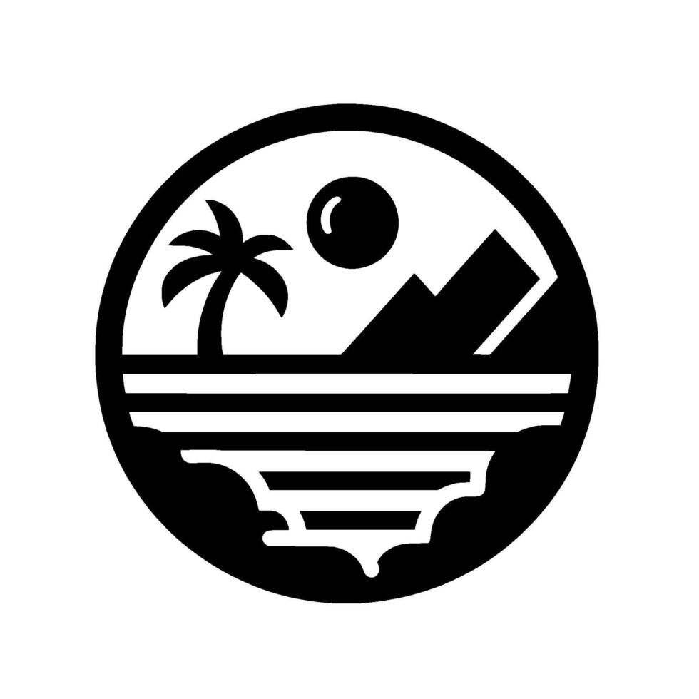 Black and white minimalist circular emblem depicting a tropical island scene with a palm tree, sun, pyramid, and ocean waves. vector