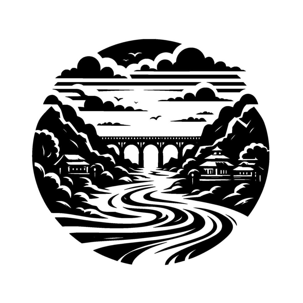 Black and white circular stylized illustration of a bridge over a winding river, flanked by traditional buildings and mountains under a cloudy sky. vector