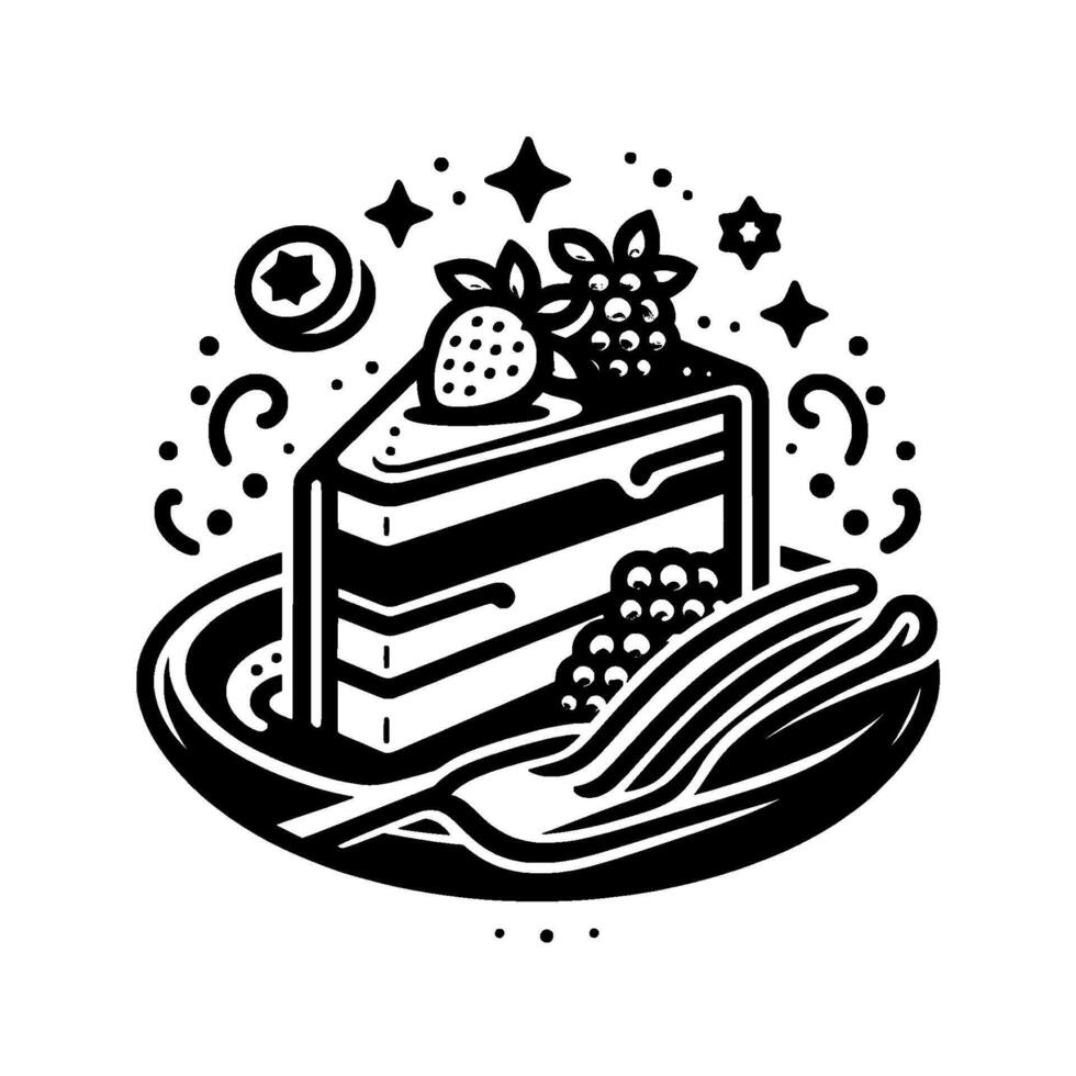 Black and white illustration of a slice of cake on a plate, decorated with berries and stars, alongside a fork, evoking a celebratory and elegant atmosphere. vector