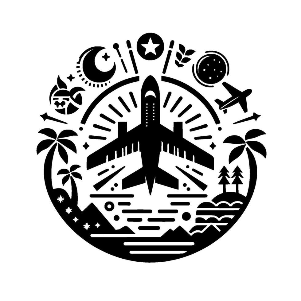 Stylized Black and White Circular Travel Illustration featuring a Jet, Palm Trees, Moon, Star, and Globe. vector