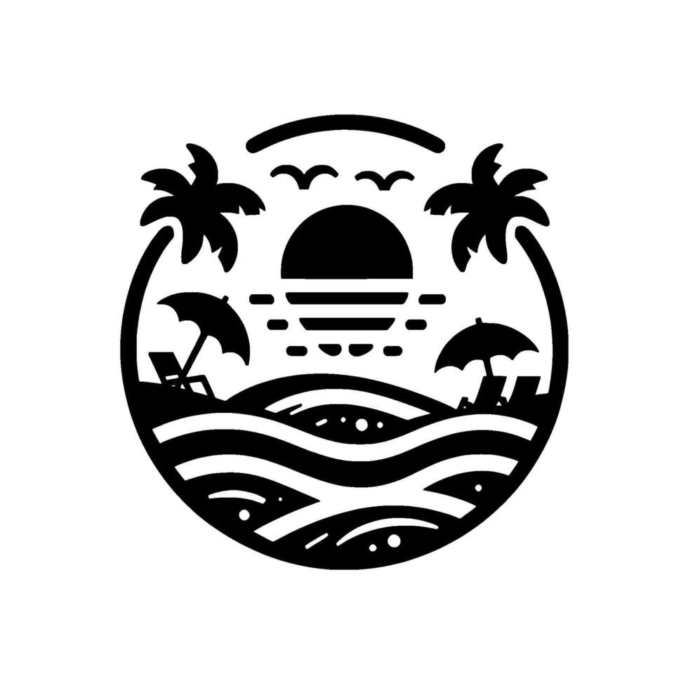 Monochrome Tropical Beach Scene Sun, Palm Trees, Ocean Waves, and Lounge Chairs Under Umbrellas in a Circular . vector
