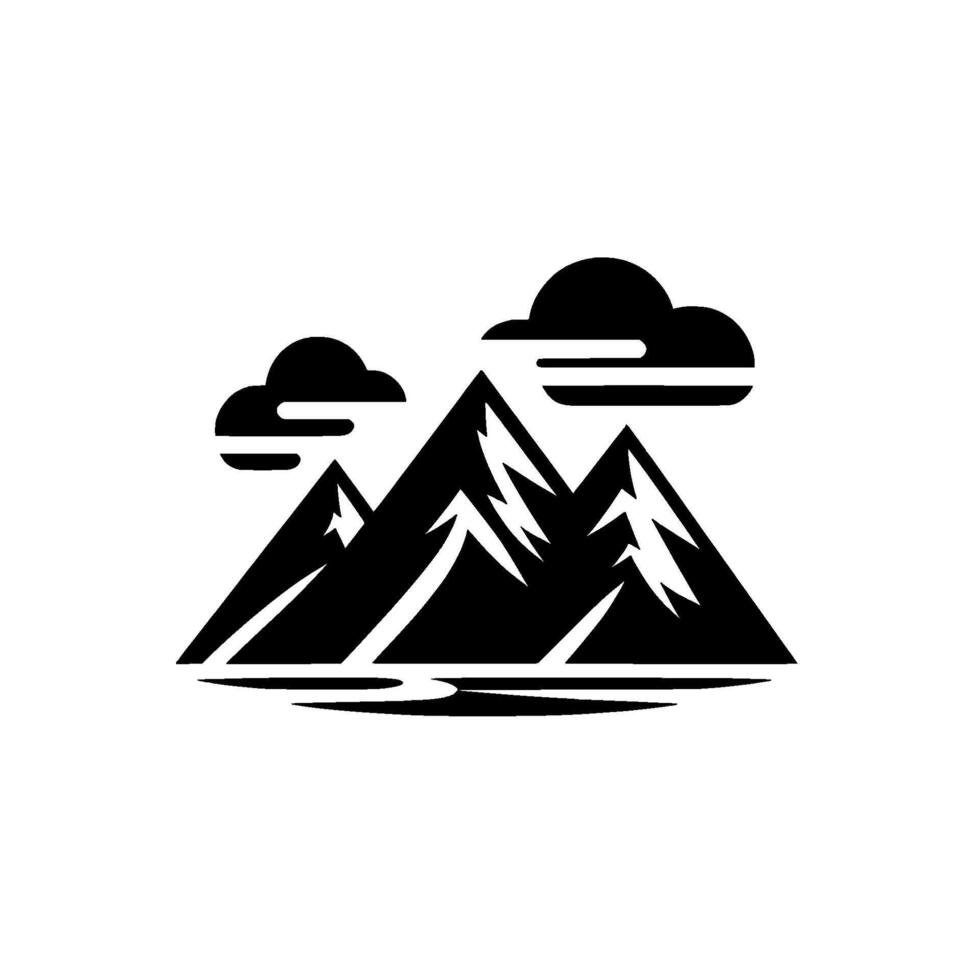Stylized black white mountain landscape with minimalist , featuring three peaks, fluffy clouds, and a suggestion of water, ideal for logos. vector