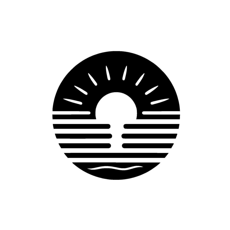 Minimalist Black White Sun Sea Emblem Rising Sun over Horizontal Striped Ocean, Circle Composition vector