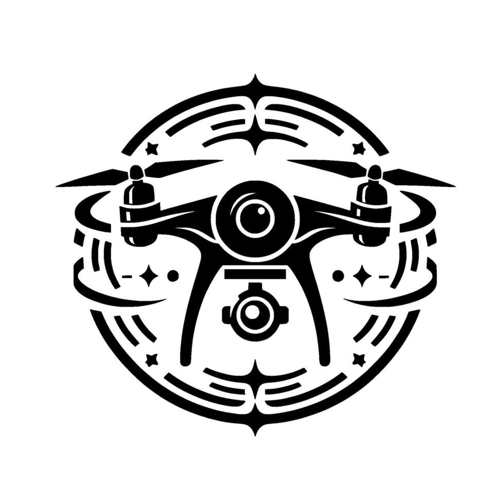 Detailed Black and White Drone Silhouette Within Decorative Circular Emblem, Star Accents, Modern Tech Symbol vector