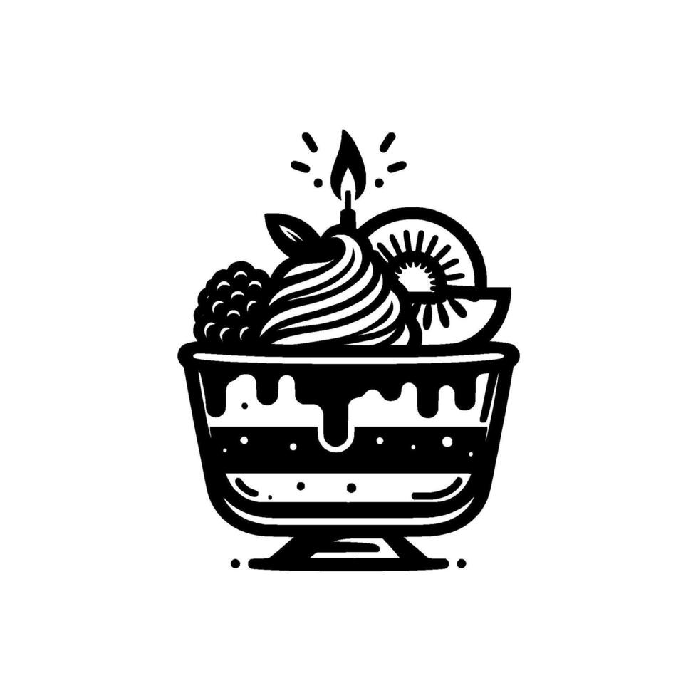 Stylized Black and White Dessert Bowl A Festive Treat with Whipped Cream, Fruits, and a Lit Candle. vector
