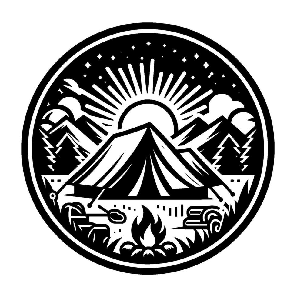 Circular Black and White Illustration of a Campsite with Tent, Mountains, Rising Sun, Bonfire, and Stars, Evoking Outdoor Adventures. vector